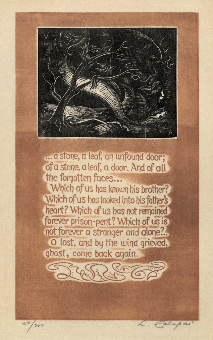 Calapai, Letterio: 25 original wood engravings: Calapai, Letterio. 25 original wood engravings inspired by Thomas Wolfe's "Look Homeward, Angel". Introduction by Franz Schoenberner. 2 typogr. Bl. und 25 signierte Orig.-Holzstiche auf 