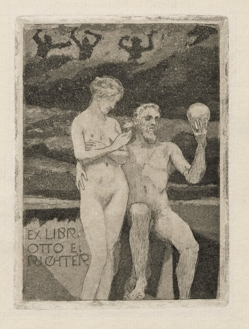 Klinger, Max: Exlibris Otto E. Richter: Klinger, Max. Exlibris Otto E. Richter. Orig.-Aquatintaradierung auf chamoisfarbenem Bütten. 12,2 x 9 cm (Plattenrand); 18,5 x 13,5 cm (Blattgröße). (1919) Beyer 443, III. Brillanter Dr