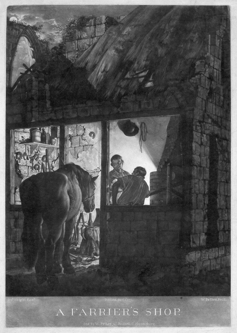 Pether, William: A farrier's shop: A farrier's shop. Schabkunstblatt nach J. Wright of Derby. 50 x 35 cm. Heller-Andresen 10. William Pether war ein Schüler des Thomas Frye. Ganz ausgezeichneter, gegensatzreicher Druck mit gle