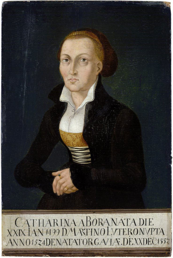 Cranach, Lukas - Nachfolge: Bildnis der Katharina: Nachfolge. Bildnis der Katharina von Bora mit Textband. Öl auf Holz. 32,8 x 21,8 cm. Auf dem Textband bez. "Catharina aBora nata die/ XXIX Ian 1499 DMartino Luteronupta/ Anno 1524 de nata to