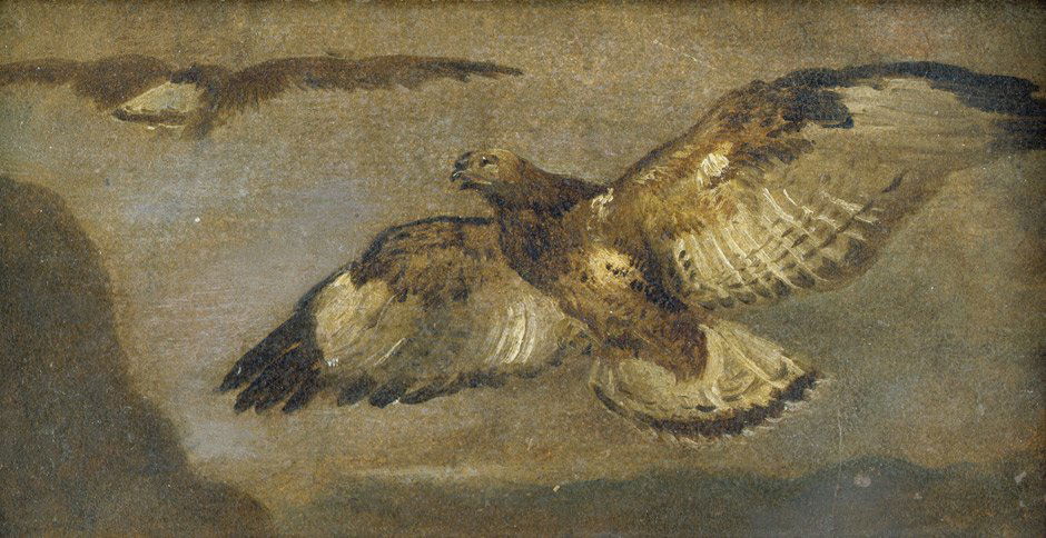 Dahl, Johann Christian: Zwei Bussarde im Flug: Zwei Bussarde im Flug über einer Landschaft. Öl auf Malkarton. 10,2 x 17,8 cm. Provenienz: Robert Neikrug Gallery, Inc., New York (mit dessen Klebeetikett verso). Herbert Meyer, New York (19