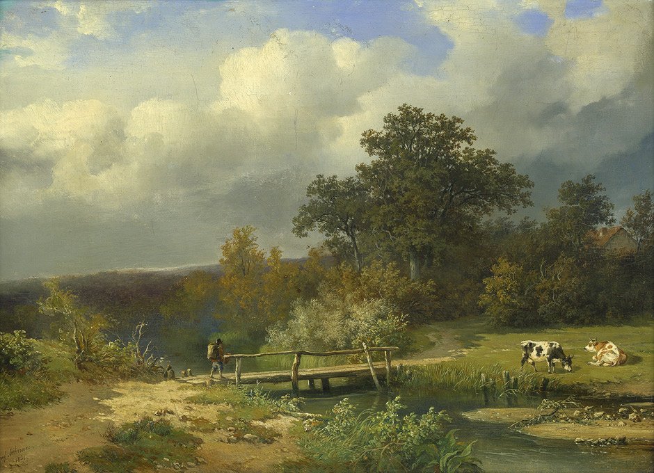 Ortmans, Francois August: Landschaft mit Wanderer: Idyllische Sommerlandschaft mit Wanderer und zwei Kühen. Öl auf Holz. 32,5 x 44 cm. Unten links signiert und datiert "Augt. Ortmans/1851". Verso auf der Holztafel mit dem Klebeetik