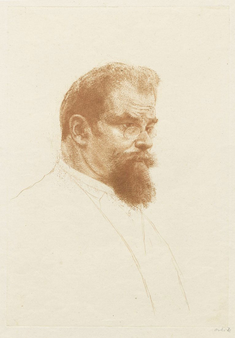 Orlik, Emil: Porträt Max Klinger: Porträt Max Klinger. Radierung und Schabkunst in Rötel auf chamoisfarbenem BSB-Bütten. 29 x 20 cm (Plattenrand); 41,6 x 26,5 cm (Blattgröße). Signiert. 1902. Nicht bei Glö