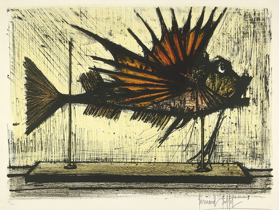 Buffet, Bernard: Rascasse: Rascasse (Drachenkopf). Farblithographie auf Arches-Velin. 48,7 x 66,8 cm (Darstellung); 54,2 x 73,8 cm (Blattgröße). Signiert. Auflage 150 num. Ex. (1964). Mourlot 47. Prachtvoller, satter 
