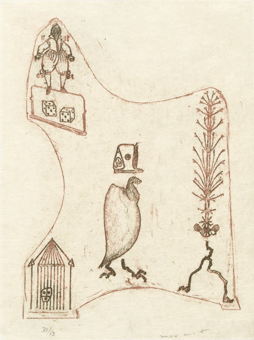 Ernst, Max: Zu: Lewis Carrolls Wunderhorn: Zu: Lewis Carrolls Wunderhorn, Bl. VIII der Folge. Farblithographie auf faserigem Japan. 29 x 22,7 cm (Darstellung); 32,2 x 25 cm (Blattgröße). Signiert. Auflage 69 num. Ex. (1970). Spies-Le