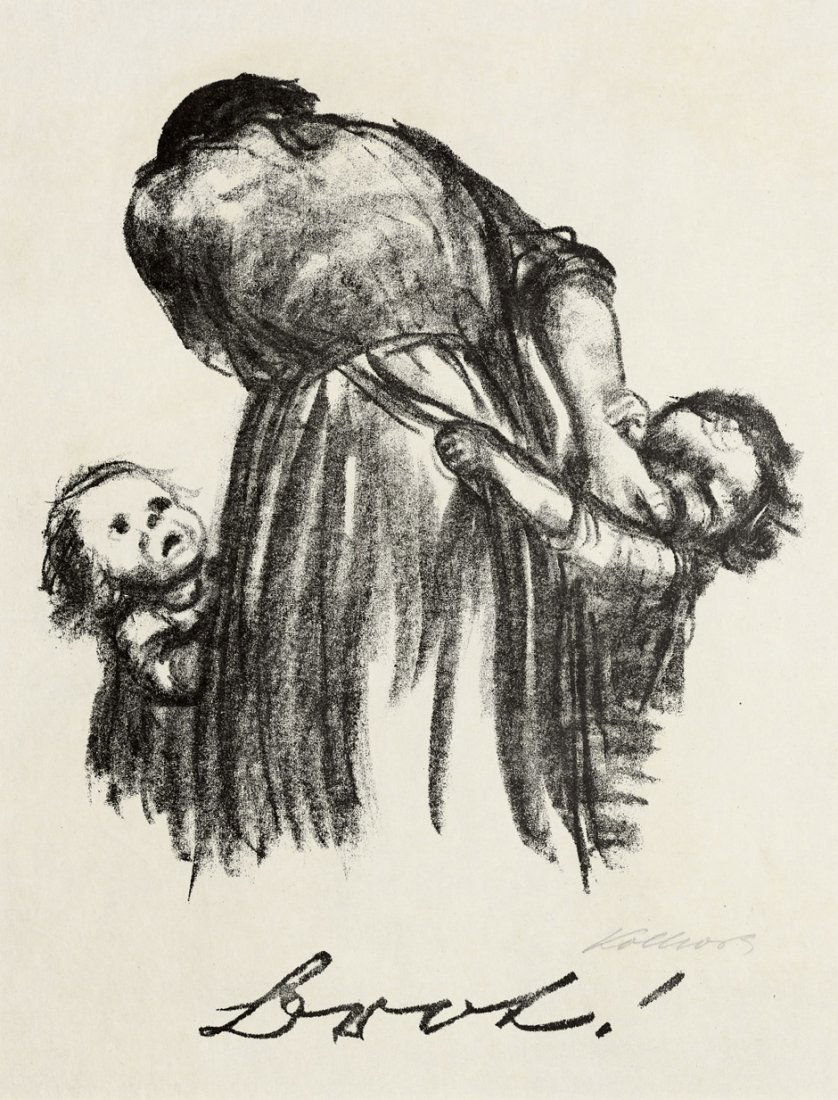 Kollwitz, Käthe: Brot!: Brot!. Kreidelithographie auf chamoisfarbenem Similijapan. 35 x 28 cm (Darstellung mit der Schrift); 49,7 x 34,8 cm (Blattgröße). Signiert. (1924). Klipstein 196 III (von IV), Knesebeck 208