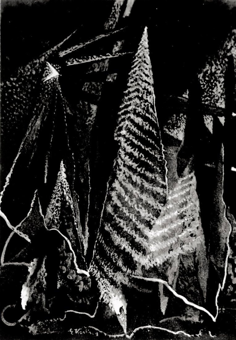 Kesting, Edmund: Tannenwald; Einsame Gestalten: Reproductions of works by Edmund Kesting: "Tannenwald" painting and "Einsame Gestalten" ink drawing. 1930s/40s/printed late 1940s. 2 ferrotyped gelatin silver prints. 15,5 x 11 cm