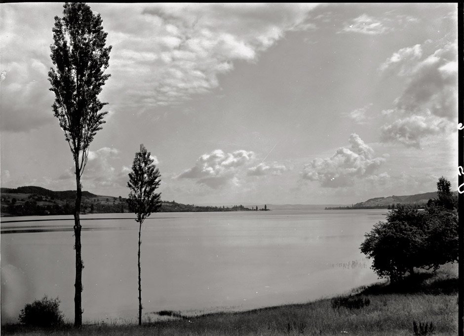 Steiner, Albert: Landscape with lake: Landscape with lake. 1920s. Vintage contact gelatin silver print. 17,8 x 23,8 cm. Beautiful rich print in near excellent condition.