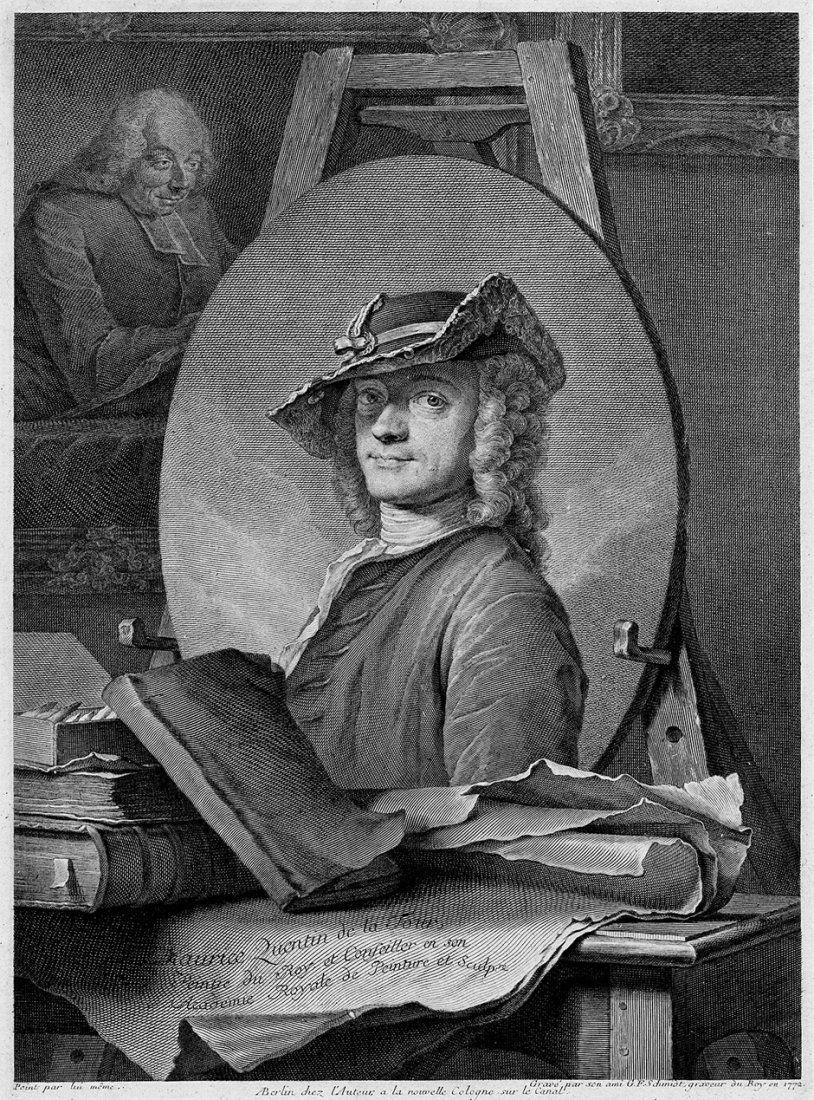 Quentin, Maurice: & Thomas Worlidge: Quentin, Maurice, de la Tour. Brustbild (Selbstbildnis) vor einer Staffelei. Kupferstich. 32,8 x 24,7 cm. Gravé par son ami G. F. Schmidt, graveur du Roy, en 1772.Herrlicher Druck mit Rand um d