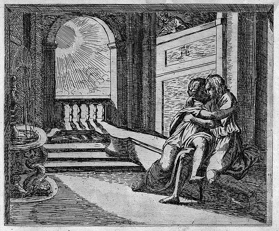 Borgiani, Orazio: Biblische Szenen nach Raphaels F: Borgiani, Orazio. Biblische Szenen nach Raphaels Fresken in den Loggien des Vatican. 52 Radierungen. 23 x 31,5 cm. Leder d. Z. (etwas berieben, Kanten beschabt) 1615. Bartsch 1-51. Nagler, Monogr. 3, 