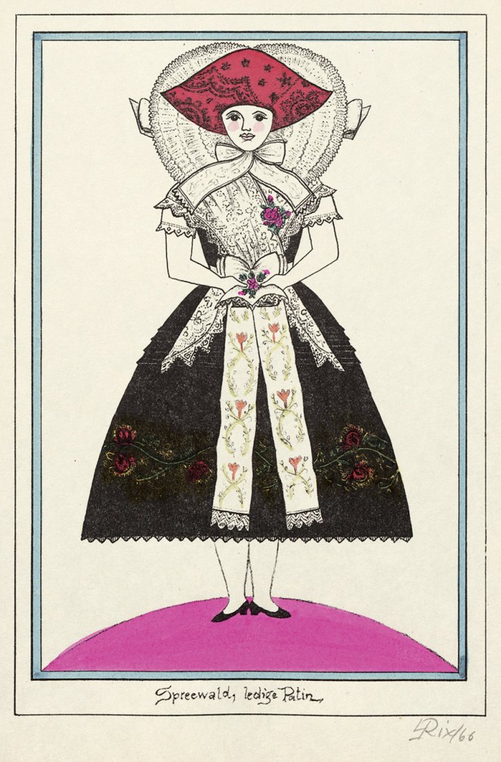 Rix, L.: Sorbische Volkstrachten (17 kolor. Litho: Rix, L. Portfolio mit 17 pochoirkolorierten signierten Originallithographien von L. Rix. 29 x 20,5 cm. Lose Bl. O. O. 1966. Schöne Folge von sorbischen Trachtendarstellungen in leuchtendem Kolori