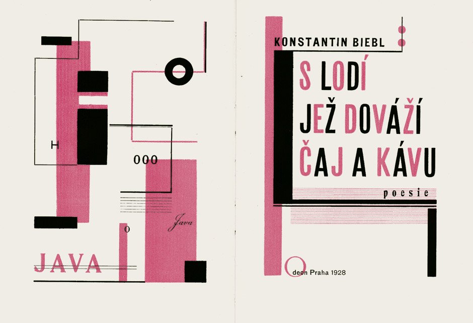 Biebl, Konstantin: S lodi dovazi a kavu: Biebl, Konstantin. S lodi dovazi a kavu. Poesie 1926-1927. (Tschechischer Druck: Mit dem Schiff, welches Tee und Kaffee bringt). 66 farbig von Karel Teige typograph. gestalteten Seiten. 19,5 x 13,5 cm
