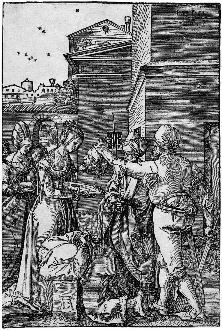 Dürer, Albrecht: Enthauptung Johannes d. Täufers: Enthauptung Johannes des Täufers. Holzschnitt. 19,5 x 13 cm. 1510. B. 125, Meder 231 wohl b (von h). Aufgrund der Federretuschen in der Einfassungslinie oben und unten, sowie in den Vöglen (