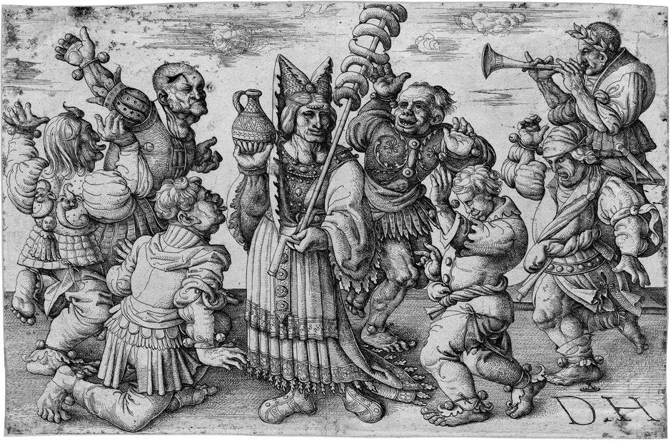 Hopfer, Daniel: Karneval: Karneval - Sechs Karnevaltänzer umgeben eine Wurstverkäuferin. Radierung. 21,5 x 33,1 cm. B. 12, Hollstein 82 II-IV. Da sich eine ausgebesserte Fehlstelle zu den Füßen der Tä