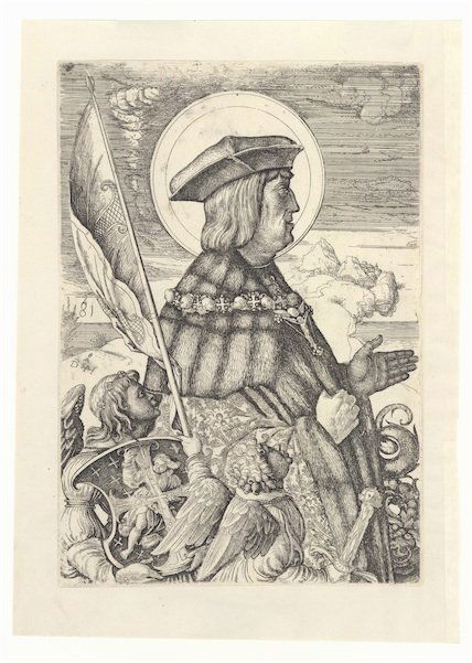 Hopfer, Daniel: Maximilian I. als heiliger Georg: Maximilian I. als heiliger Georg. Eisenradierung. 22,6 x 15,5 cm. B. 79, Hollstein 88 II. Ganz ausgezeichneter, partiell minimal ungleichmäßiger, dabei dennoch insgesamt ungemein harmonisch