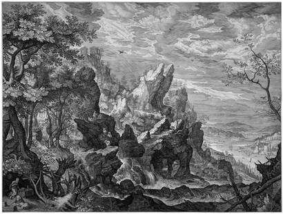 Major, Isaak: Felsige Landschaft mit dem hl. Hier: Felsige Landschaft mit dem hl. Hieronymus und dem Löwen. Radierung nach Roelandt Savery. 53,6 x 70,6 cm 1622. Nagler 1, Hollstein 7 I (von II). Wz. Kanone. Nach dem Gemälde Roelandt Saverys