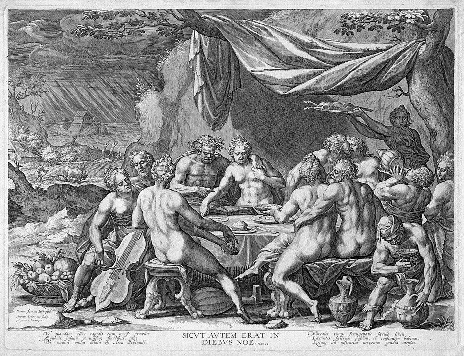 Sadeler, Johannes I: Die Menschheit vor der Sintf: Die Menschheit vor der Sintflut. Kupferstich nach Dirck Barendsz. 35 x 46 cm. Um 1581. Hollstein 264.Vorliegendes Blatt bildet das Pendant zu "Die Menschheit vor dem Jüngsten Gericht" u