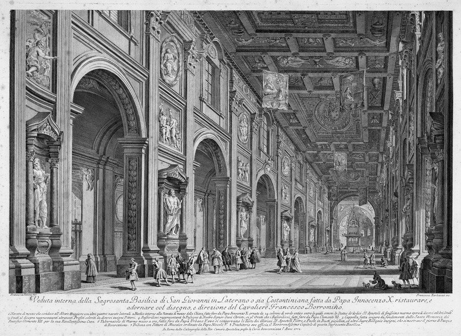 Barbazza, Francesco: Veduta interna della Sagrosa: Veduta interna della Sagrosanta Basilica di San Giovanni in Laterano (Innenansicht der Basilica San Giovanni in Laterano). Radierung nach Francesco Panini auf Fabriano-Bütten. 48,7 x 70,5 cm. 177