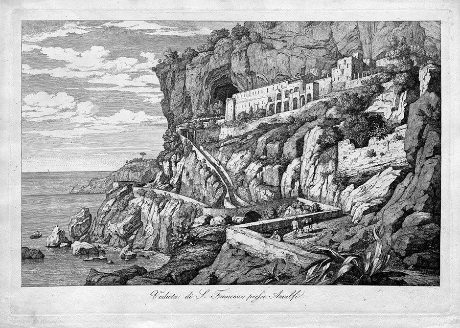Grospietsch, Florian: Veduta di San Francesco pre: Veduta di S. Francesco presso Amalfi. Radierung auf Velin. 31,6 x 45,8 cm. Heller-Andresen, aus 3.Der Landschaftsmaler und Graphiker Florian Grospietsch hielt sich in den Jahren 1821-1824 in Rom und i