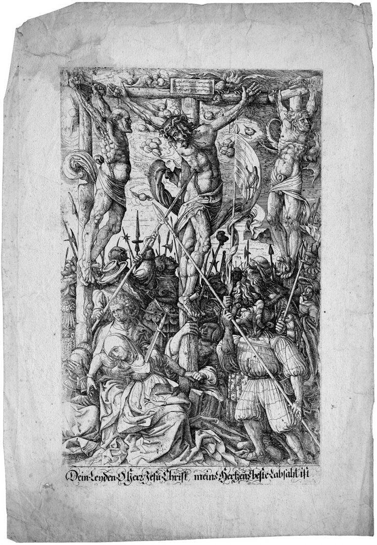 Hopfer, Daniel: Der Kalvarienberg: Der Kalvarienberg. Eisenradierung. 34,4 x 21,2 cm. B. 14, Hollstein 19 III. Ausgezeichneter Druck mit der unteren Schriftzeile und mit gleichmäßigem Rand um die Plattenkante. Etwas fleckig