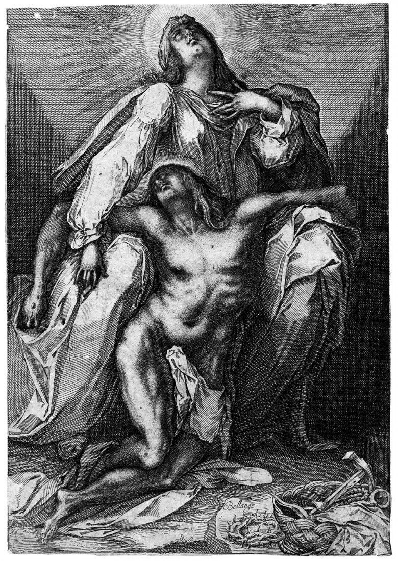 Merian, Matthäus d. Ä.: Pietà: Pietà. Radierung nach Jacques Bellange. 28,1 x 19,5 cm. Wüthrich 89, Hollstein 6.Ausgezeichneter Druck an drei Seiten mit der Einfassungslinie, oben um ca. 2 cm beschnitten. An den Ecken a