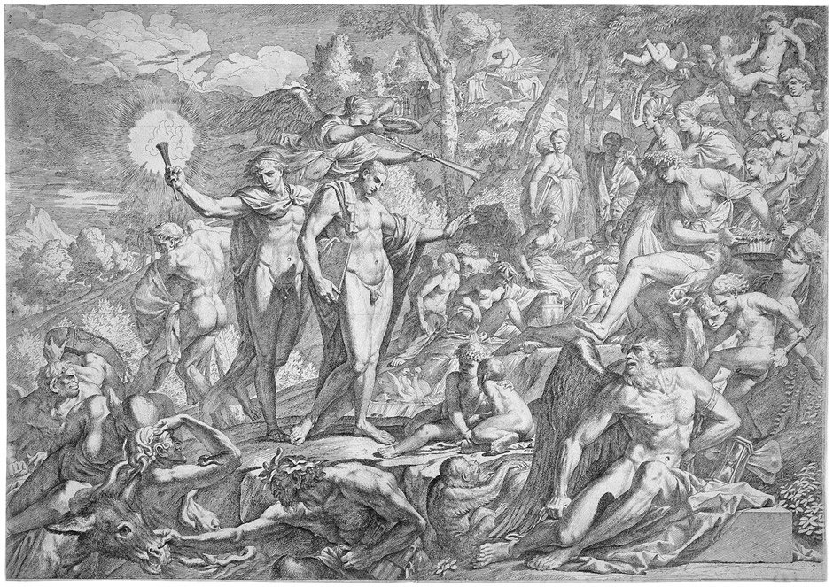 Testa, Pietro: Junger Mann auf dem Pfad der Tugen: Junger Mann auf dem Pfad der Tugend zum Parnaß schreitend. Contre-Épreuve von der originalen Radierung. 40,6 x 57,6 cm. Vgl. B. 33. Wz. Wappen mit Stern. Guter, insgesamt außerordentlich 