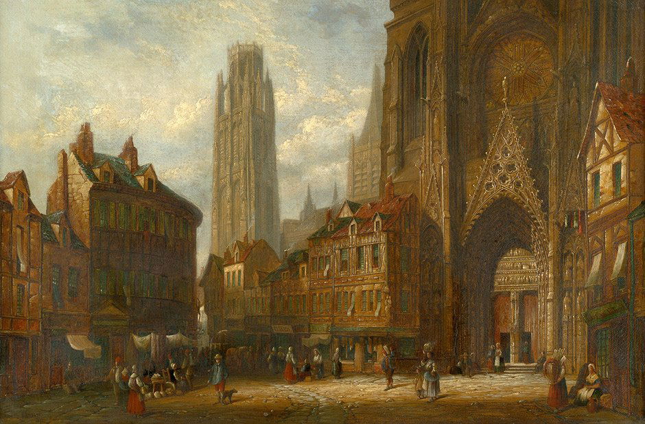 Schaefer, Henry Thomas : Architekturcapriccio mit: Architekturcapriccio mit der Kathedrale von Rouen im Hintergrund.Öl auf Leinwand. 51 x 75 cm. Unten links signiert und datiert "H. Schaefer/1873".Das gotische Portal im Vordergrund erin