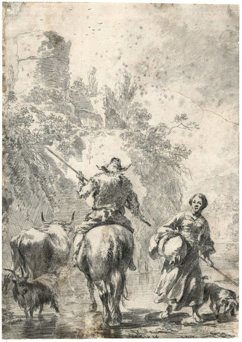 Berchem, Nicolaes: Die Furt: Die Furt.Schwarze Kreide, grau laviert, gegriffelt. 24,4 x 17,4 cm. Oben rechts signiert (ganz schwach lesbar) "J Berchem". Um 1657/58. Wz. Buchstaben "MD...". Annemarie Stefes, Ve