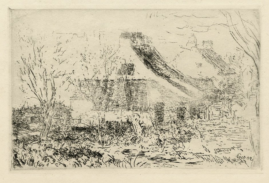 Ensor, James: Maisonnettes a Mariakerke: Maisonnettes a Mariakerke. Radierung auf Japan. 8 x 12,2 cm (Plattenrand); 15,9 x 24,9 cm (Blattgröße). (1888). Delteil 54, Taevernier 54 II/II. Ganz ausgezeichneter Druck mit breitem Rand.