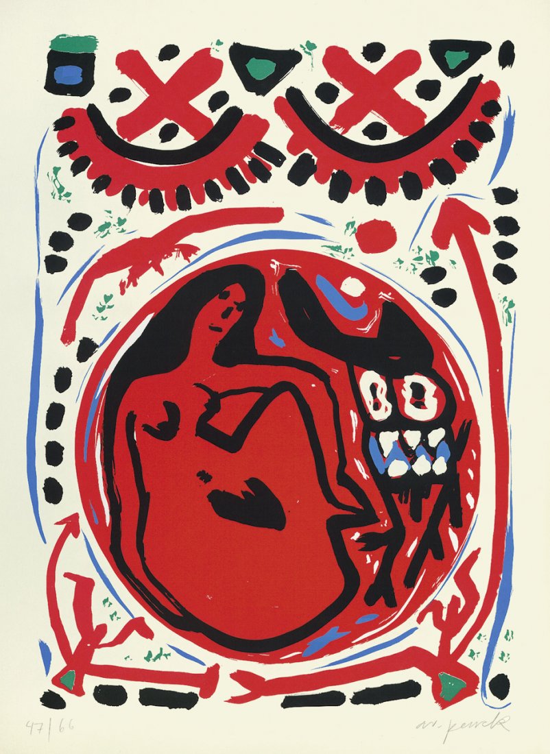 Penck, A. R.: Keramik: Keramik. Farbserigraphie auf leichtem chamoisfarbenen Velinkarton. 82,5 x 60 (Darstellung); 100 x 70 cm (Blattgröße). Signiert. Auflage 66 num. Ex. (1992).Ganz ausgezeichneter, kräftig