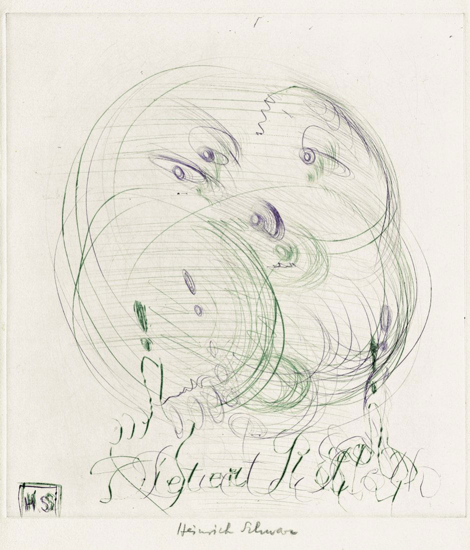 Roth, Dieter: Bildnis D. Roth: Bildnis D. Roth. Farbradierung mit Roulette in Grün und Violett auf kräftigem Velin. 29,7 x 27 cm (Plattenrand); 39,8 x 28 cm (Blattgröße). Mit "Heinrich Schwarz" signie