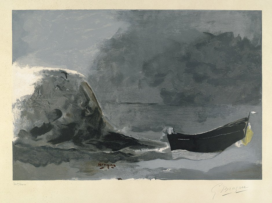 Braque, Georges: Marine noire: Marine noire. Farblithographie auf Velin. 49,6 x 72,7 cm (Darstellung); 65,2 x 91 cm (Blattgröße). Signiert. Auflage 400 num. Ex. (1962). Maeght 1044, Vallier S. 296. Herausgegeben von der 