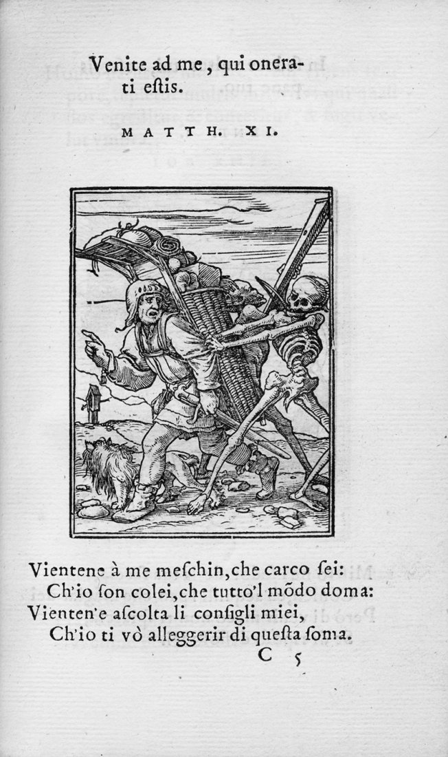 Holbein, Hans: Simolachri, historie, e figure de la mor: Die erste italienische Ausgabe in einem Prachtexemplar der Bibliothek Huth Holbein, Hans. - Simolachri, historie, e figure de la morte. 112 nn. Bl. Mit Holzschnitt-Druckermarke auf dem Titel und am Sc