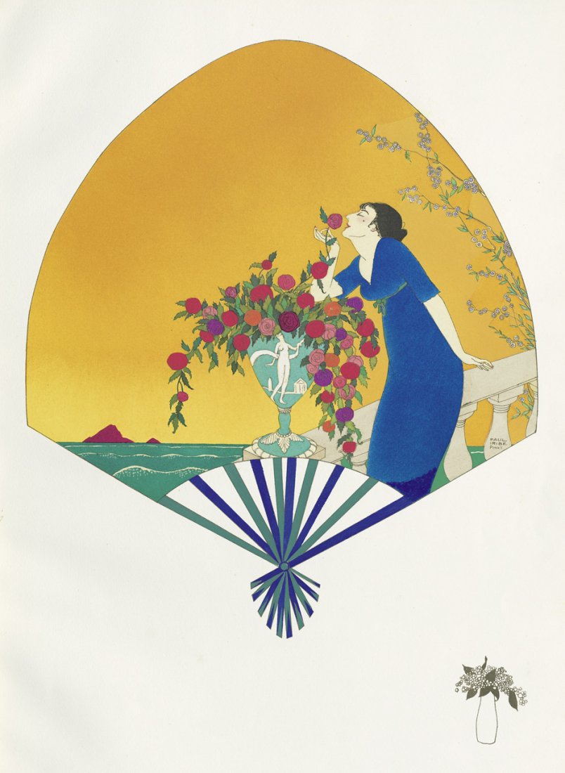Iribe, Paul: L'éventail et la fourrure chez Paquin. : Iribe, Paul. L'éventail et la fourrure chez Paquin. Dessins de Paul Iribe, George Barbier, Georges Lepape. 6 Bl. Mit 7 pochoirkolorierten Tafeln von Paul Iribe, George Barbier und Georges Lepap
