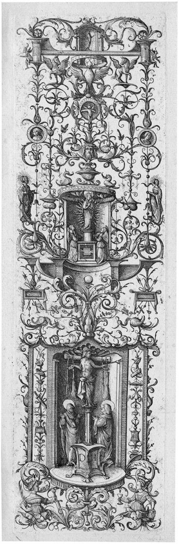 Hopfer, Daniel: Ornament: Ornamentale Leiste mit Kreuzigung und der Jungfrau mit dem Kind. Eisenradierung. 33,5 x 10,4 cm. B. 100, Hollstein 111 I (von II).Hopfer schuf diese Radierung frei nach einer Vorlage Giovanni da Bresc