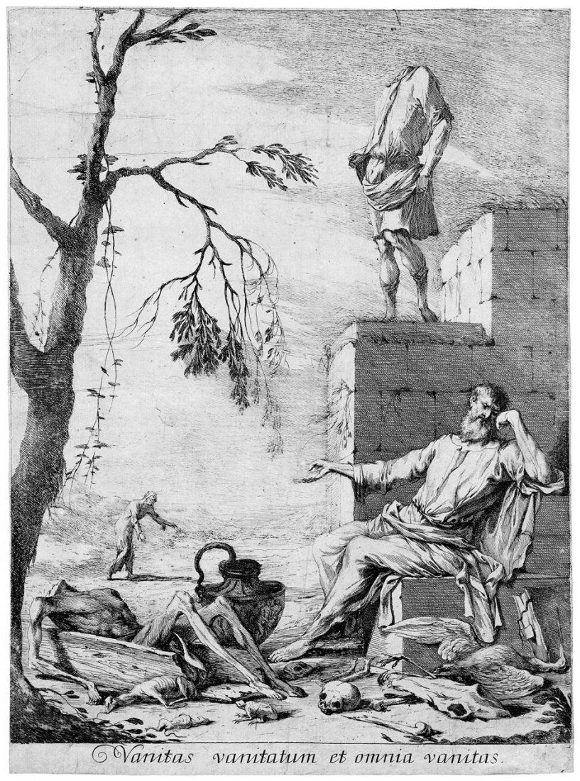 Schönfeld, Johann Heinrich: Vanitas: nach. Vanitas vanitatum et omnia vanitas. Radierung von Gabriel Ehinger. 42,7 x 31,5 cm. Hollstein (Ehinger) 10, Krapf 31, Pée (Johann Heinrich Schönfeld - Die Gemälde, Berlin 1971) N