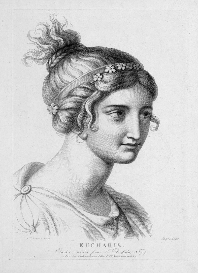Bertrand, Noël-François: Eucharis: Eucharis (Bildnis einer jungen Frau en buste als Nymphe). Crayonmanier. 37,5 x 26,2 cm. (1820-35). Wz. Schriftzeile (Fragment). Aus der Folge "Études variées pour le Dessin". Ausgeze
