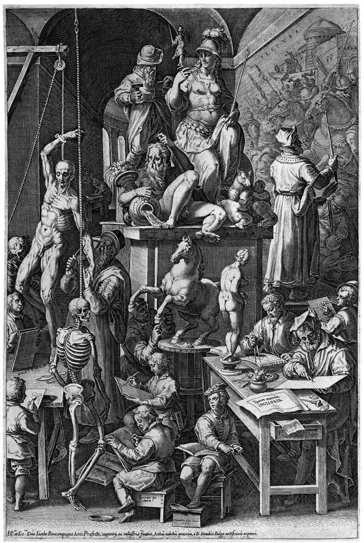 Cort, Cornelis: Die Akademie der Schönen Künste: Die Akademie der Schönen Künste. Kupferstich nach Stradanus. 44 x 29,6 cm. 1587. B. 218, Hollstein 218, Sellink (New Hollstein) 210 II.Ausgezeichneter, klarer Druck mit feinem Rändchen