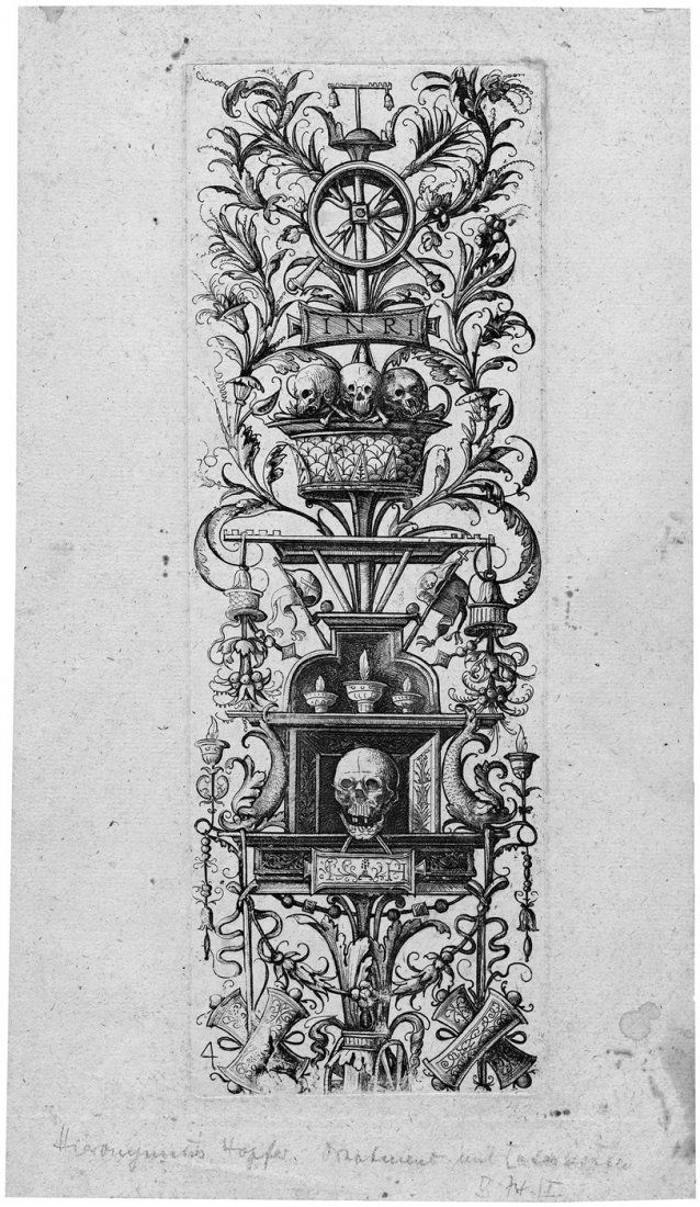 Hopfer, Hieronymus: Ornamentfries mit memento mori: Ornamentfries mit memento mori. Radierung nach Giovanni Antonio da Brescia. 29,3 x 10 cm. B. 74, Hollstein 79 IV. Ausgezeichneter Druck mit der Funck-Nummer und mit schmalem, zu den Seiten mit breitem
