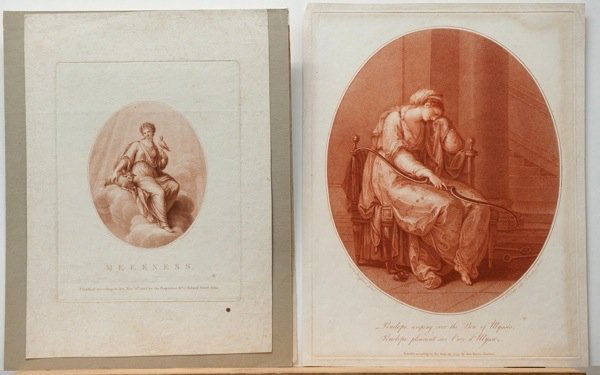 Kauffmann, Angelika: nach. Penelope trauert über dem Bo: nach. Penelope trauert über dem Bogen des Ulysses. Radierung in Punktiermanier in Rot-braun Jean Marie Delattre and Francesco Bartolozzi. 37,1 x 28,2 cm. 1779. Le Blanc (Bartolozzi) 143. Ausgezei