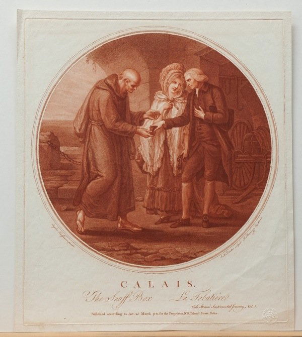 Kauffmann, Angelika: nach. Die Tabakbox oder: Der Mönch: nach. Die Tabakbox oder: Der Mönch aus Calais. Radierung in Punktiermanier in Rot-braun von Jean Marie Delattre und Francesco Bartolozzi. 36,1 x 30,8 cm. 1781. Le Blanc (Bartolozzi) 330. Nach dem