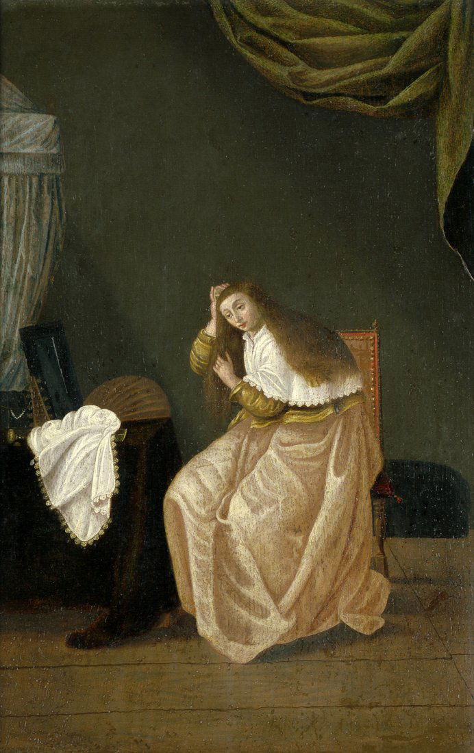 Niederländisch - um 1630: Dame bei der Toilette: um 1630. Dame bei der Toilette.Öl auf Holz. 50 x 35 cm.Verso auf altem Klebeetikett bezeichnet "Palamedes Palamedesz / Stevaerts Maler geb. 1607 / London gest. 26. Mai 1638 / Delf / Schü