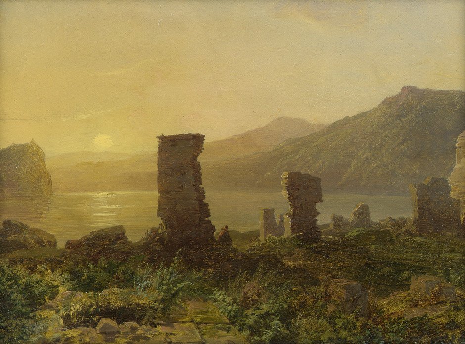 Piepenhagen, August Friedrich: Küstenlandschaft im Sonn: Küstenlandschaft im Sonnenuntergang, im Vordergrund die Ruinen einer Abtei. Öl auf Holz. 17 x 23,5 cm. Am Unterrand monogrammiert "AP" (ligiert). Der aus bescheidenen Verhältn
