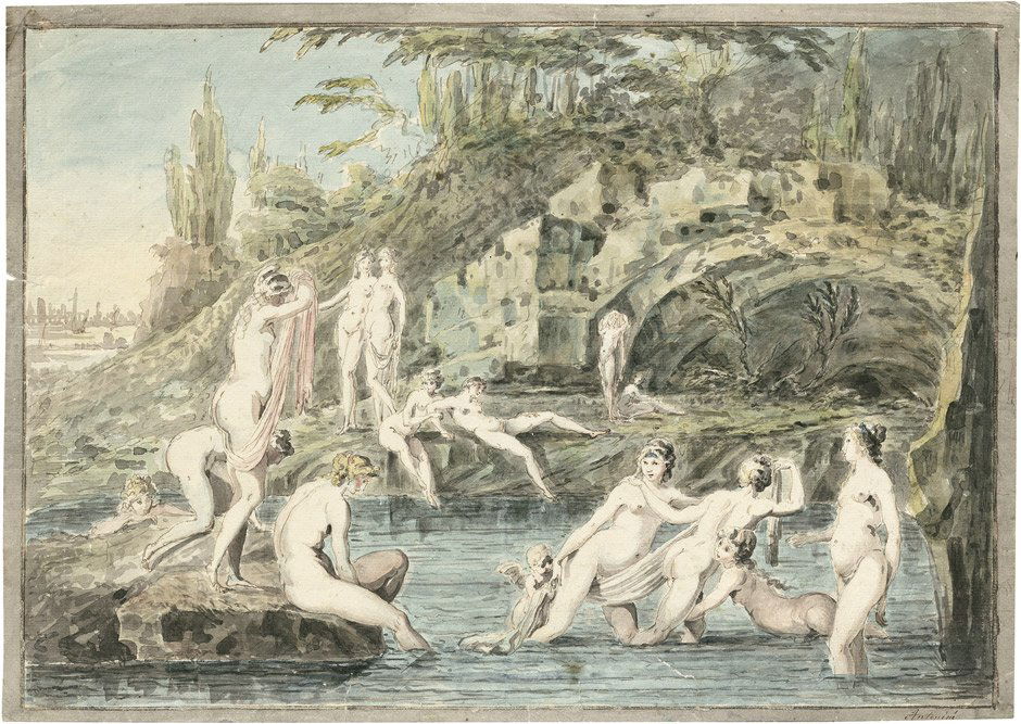 Antonini, Domenico: Badende in felsiger Lagunenlandscha: Badende in felsiger Lagunenlandschaft.Aquarell. 28,7 x 39,9 cm. Unten rechts signiert (?) "Antonini".