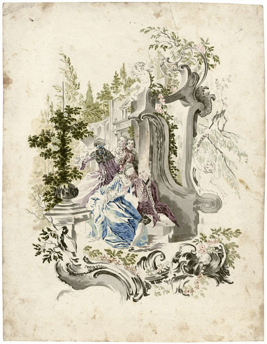 Augsburg - 18. Jh.: Rocailleornament mit galanter Gesel: 18. Jh. Rocailleornament mit galanter Gesellschaft in einem Palastgarten.Aquarell auf Bütten. 25,3 x 19,5 cm. Verso eine Zuschreibung an Johann Esaias Nilson.