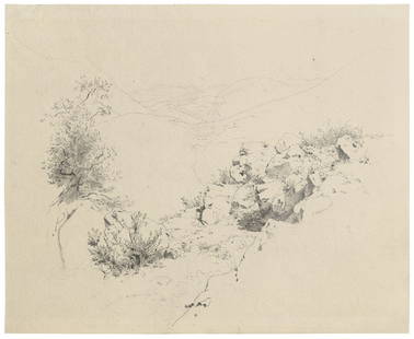 Deutsch: um 1840. Italienische Landschaft: um 1840. Italienische Landschaft mit Studien von Gräsern und Steinen im Vordergrund.Bleistift auf Bütten. 24,5 x 29,8 cm.Verso von fremder Hand bez. "Heinrich Reinhold/ geb. Gera 1789/