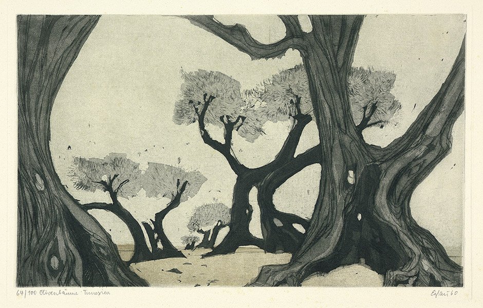 Eglau, Otto: Olivenbäume Tunesien. Inselstraße Afrika: "Olivenbäume Tunesien"; "Inselstraße Afrika". Zwei Radierungen auf chamois- bzw. cremefarbenem Velin. 30,2 x 49,2 und 17,8 x 29,4 cm (Plattenrand); 54,2 x 77 und 34,2 x 