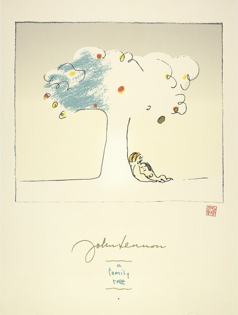 Lennon, John: A family tree: A family tree. Farbserigraphie und Prägedruck auf cremefarbenem kräftigen Velin. 45 x 52,2 cm (Darstellung); 80 x 60 cm (Blattgröße). Unten rechts mit der Stempelsignatur. Um 1970