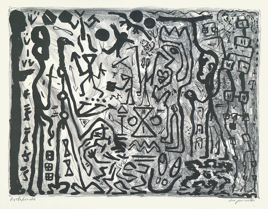 Penck, A. R.: Komposition: Komposition. Lithographie auf Velin. 51 x 67 cm (Darstellung); 60 x 79,7 cm (Blattgröße). Signiert und als "Probedruck" bezeichnet.Prachtvoller Druck dieser Komposition. Vereinzel