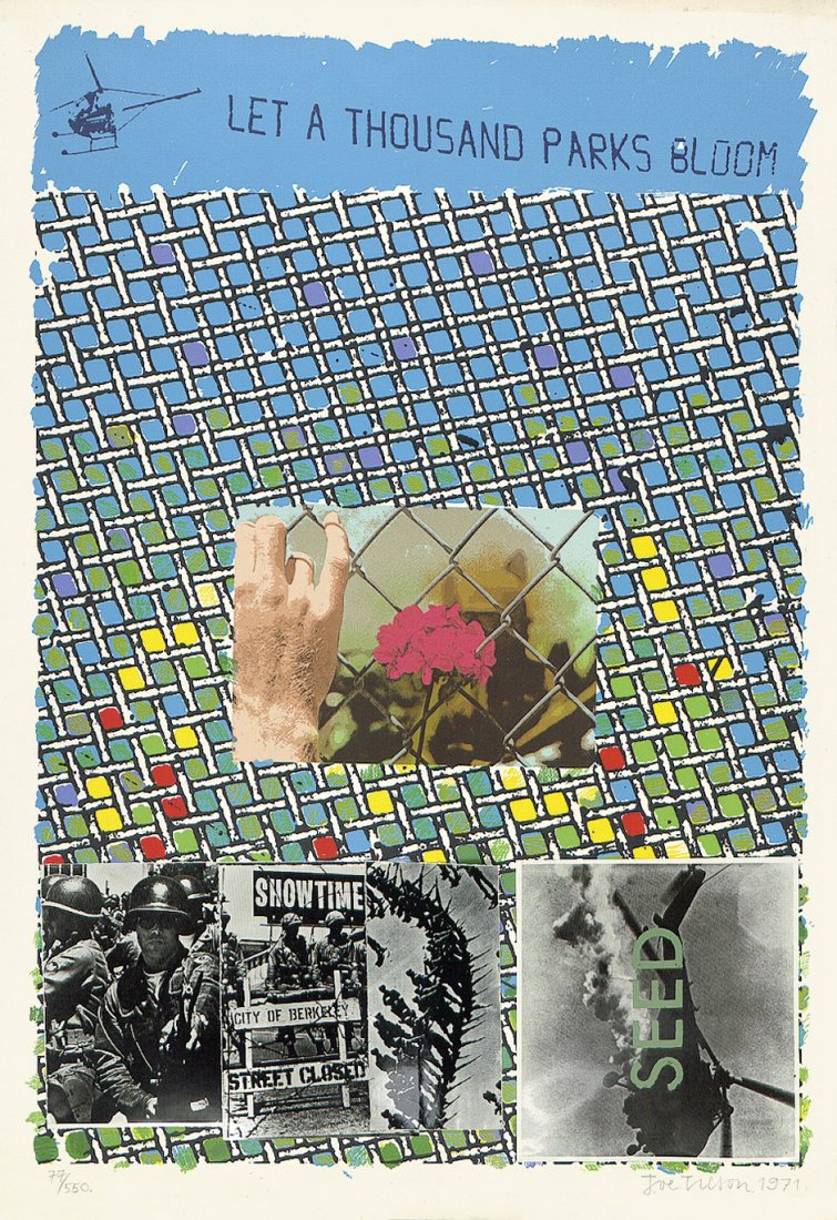 Tilson, Joe: Let a thousand Parks Bloom: Let a thousand Parks Bloom. Farbserigraphie und Collage auf festem Velin. 95,3 x 65,7 cm (Darstellung); 101,7 x 70,4 cm (Blattgröße). Signiert und datiert. Auflage 550 num. Ex. 1971. Griffe